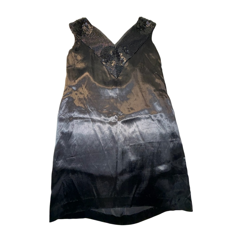 Vintage Handmade Black Satin Sequin Heart Cocktail Dress Sleeveless Shift 0986